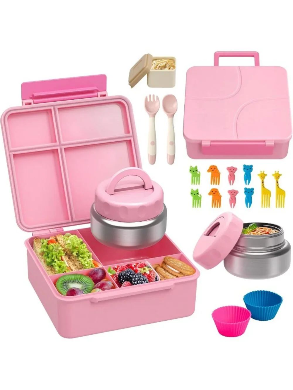 Leakproof Bento Lunch Box with Soup Thermos, 4 Compartments & Utensils - Pink